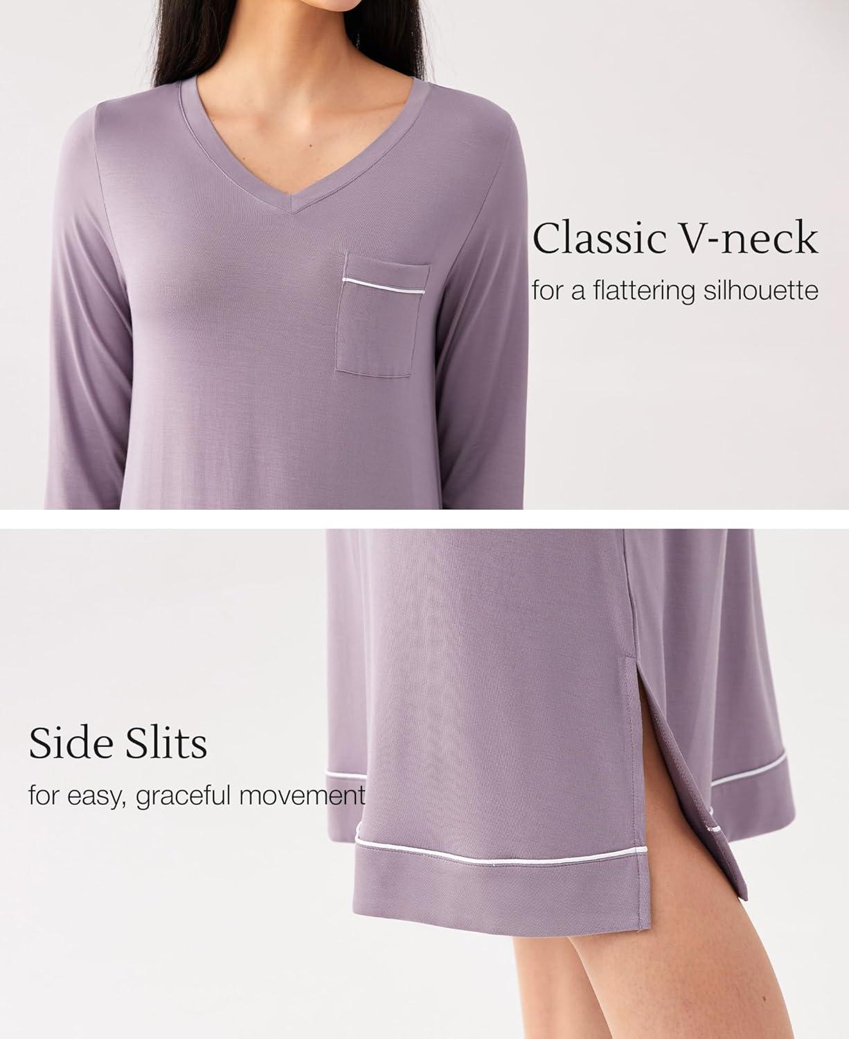 imageGYS Bamboo Viscose Soft Womens Nightgowns Comfy Long Sleeve V Neck Sleep DressViolet