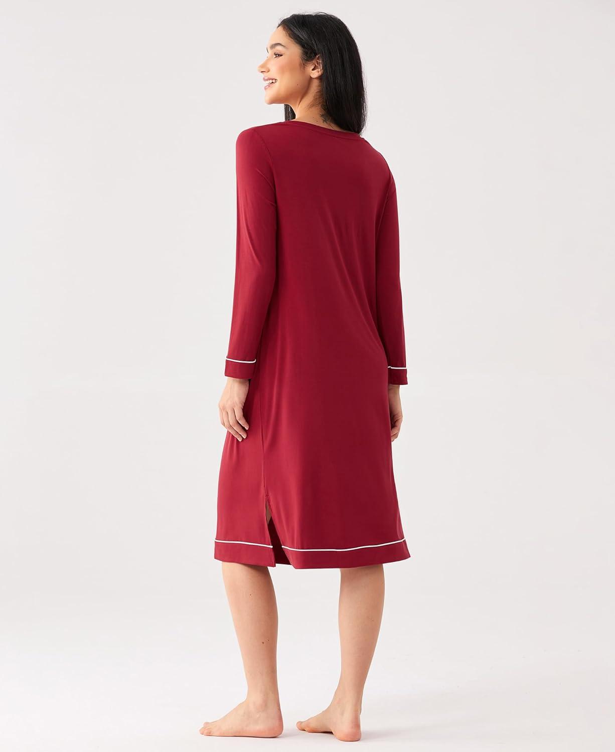 imageGYS Bamboo Viscose Soft Womens Nightgowns Comfy Long Sleeve V Neck Sleep DressWine