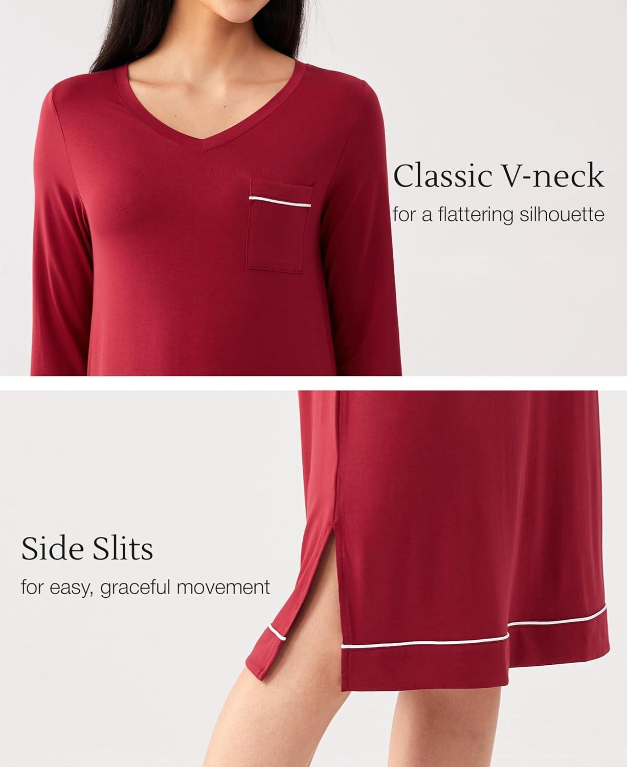 imageGYS Bamboo Viscose Soft Womens Nightgowns Comfy Long Sleeve V Neck Sleep DressWine