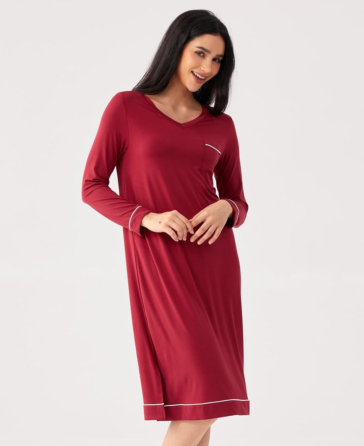 imageGYS Bamboo Viscose Soft Womens Nightgowns Comfy Long Sleeve V Neck Sleep DressWine
