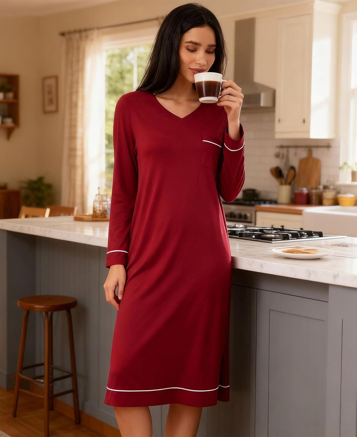imageGYS Bamboo Viscose Soft Womens Nightgowns Comfy Long Sleeve V Neck Sleep DressWine