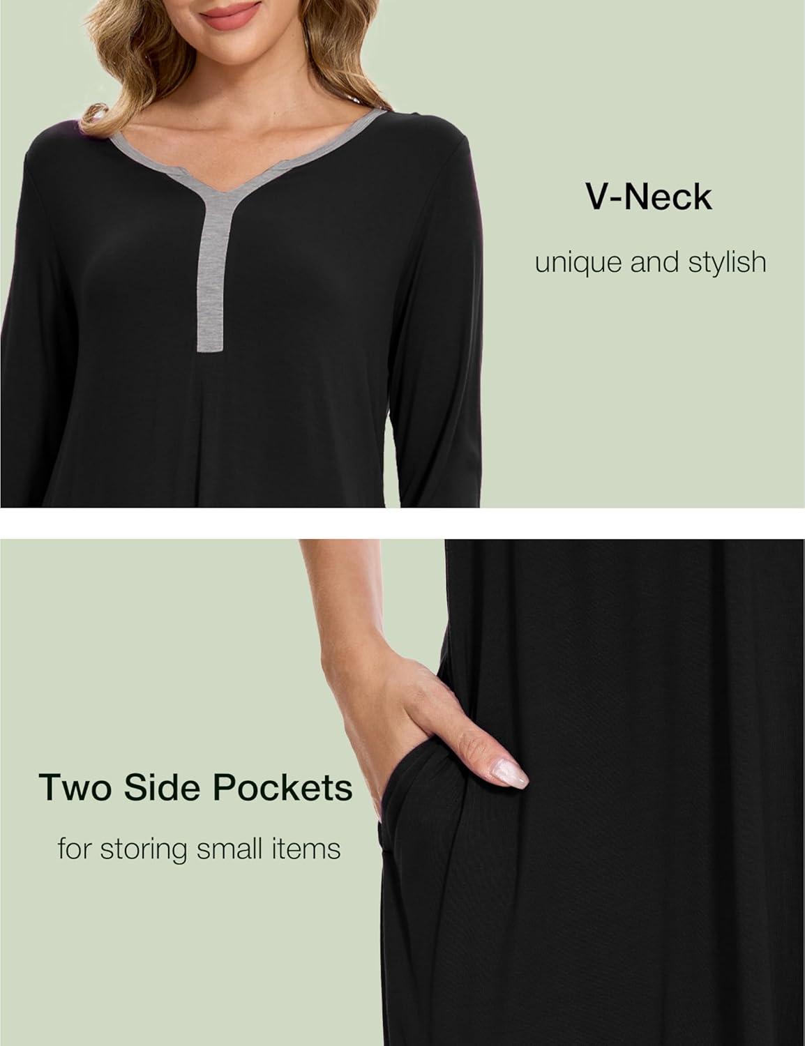 imageGYS Bamboo Viscose Womens Nightgowns 34 Sleeve V Neck Comfy Kneelength SleepwearBlack