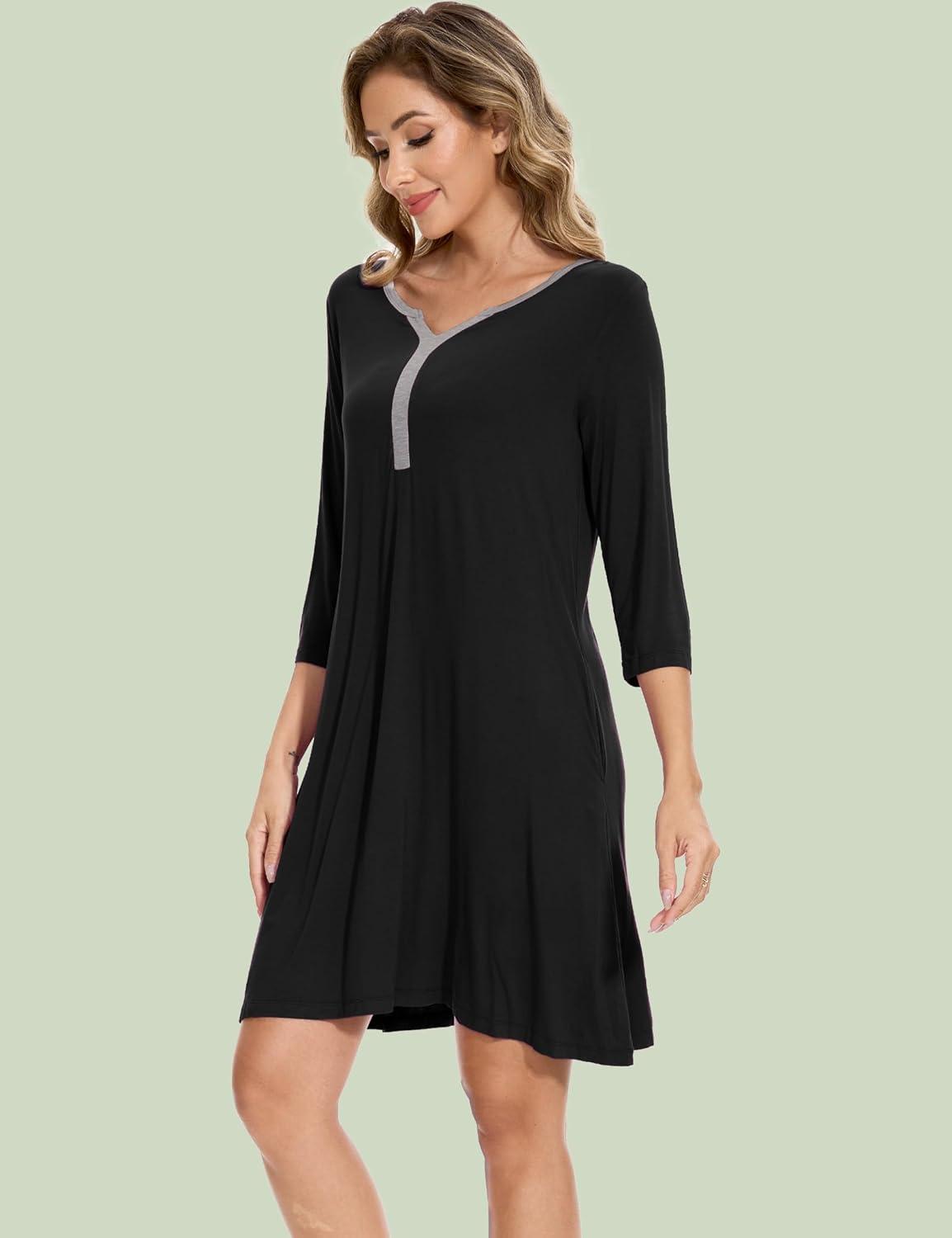 imageGYS Bamboo Viscose Womens Nightgowns 34 Sleeve V Neck Comfy Kneelength SleepwearBlack
