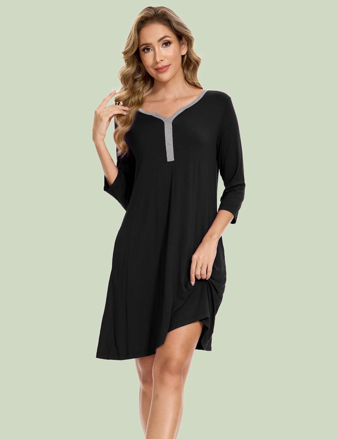 imageGYS Bamboo Viscose Womens Nightgowns 34 Sleeve V Neck Comfy Kneelength SleepwearBlack