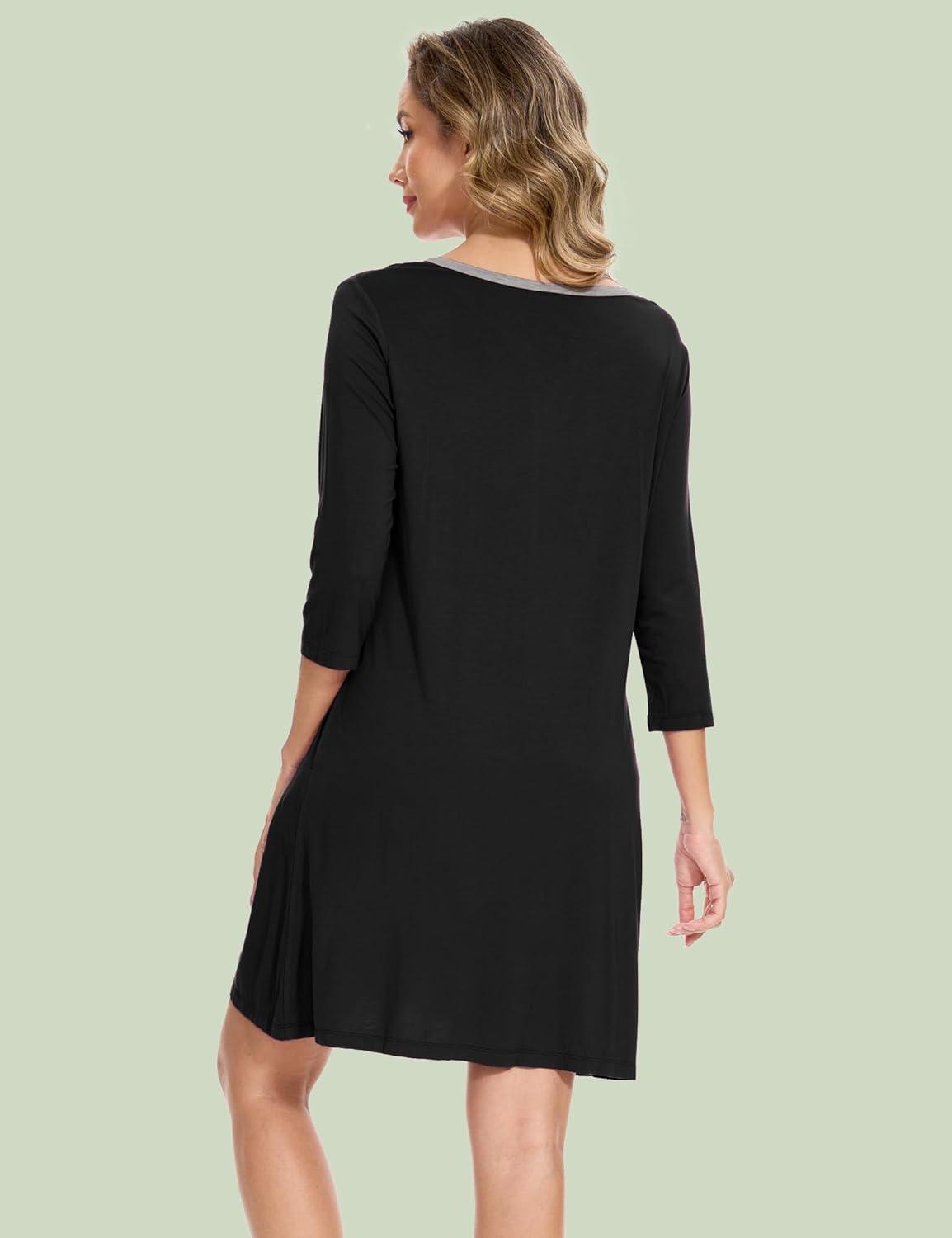 imageGYS Bamboo Viscose Womens Nightgowns 34 Sleeve V Neck Comfy Kneelength SleepwearBlack