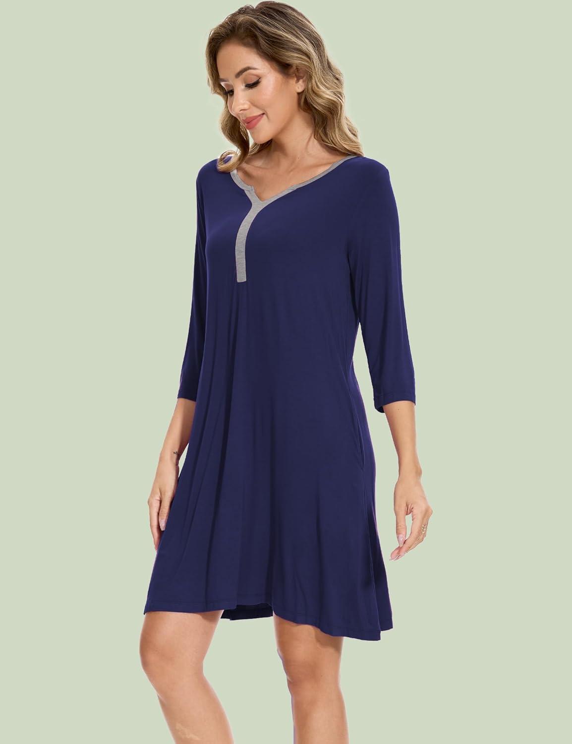 imageGYS Bamboo Viscose Womens Nightgowns 34 Sleeve V Neck Comfy Kneelength SleepwearNavy