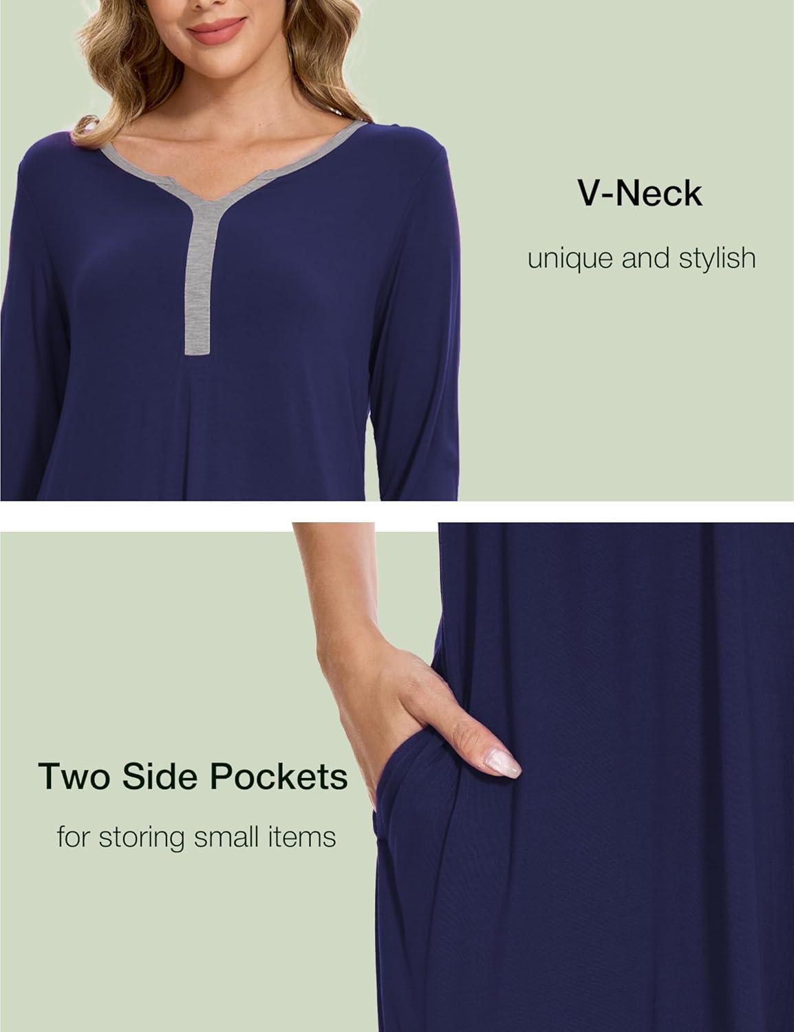 imageGYS Bamboo Viscose Womens Nightgowns 34 Sleeve V Neck Comfy Kneelength SleepwearNavy
