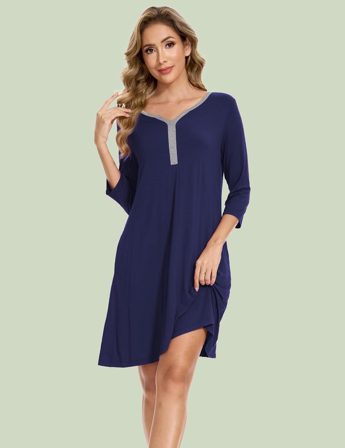 imageGYS Bamboo Viscose Womens Nightgowns 34 Sleeve V Neck Comfy Kneelength SleepwearNavy