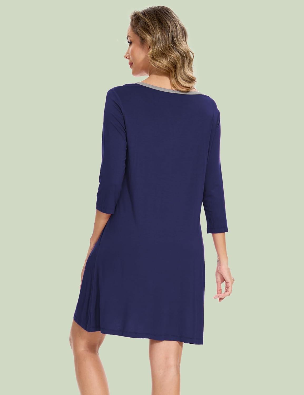 imageGYS Bamboo Viscose Womens Nightgowns 34 Sleeve V Neck Comfy Kneelength SleepwearNavy