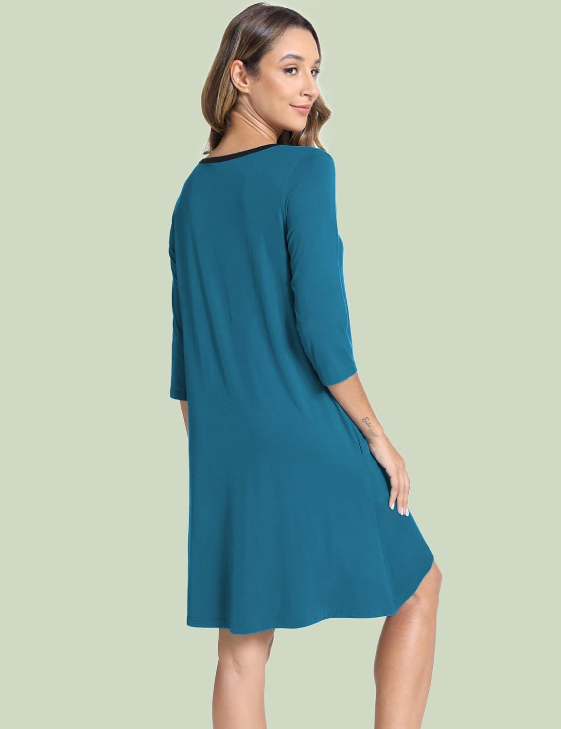 imageGYS Bamboo Viscose Womens Nightgowns 34 Sleeve V Neck Comfy Kneelength SleepwearTeal Blue