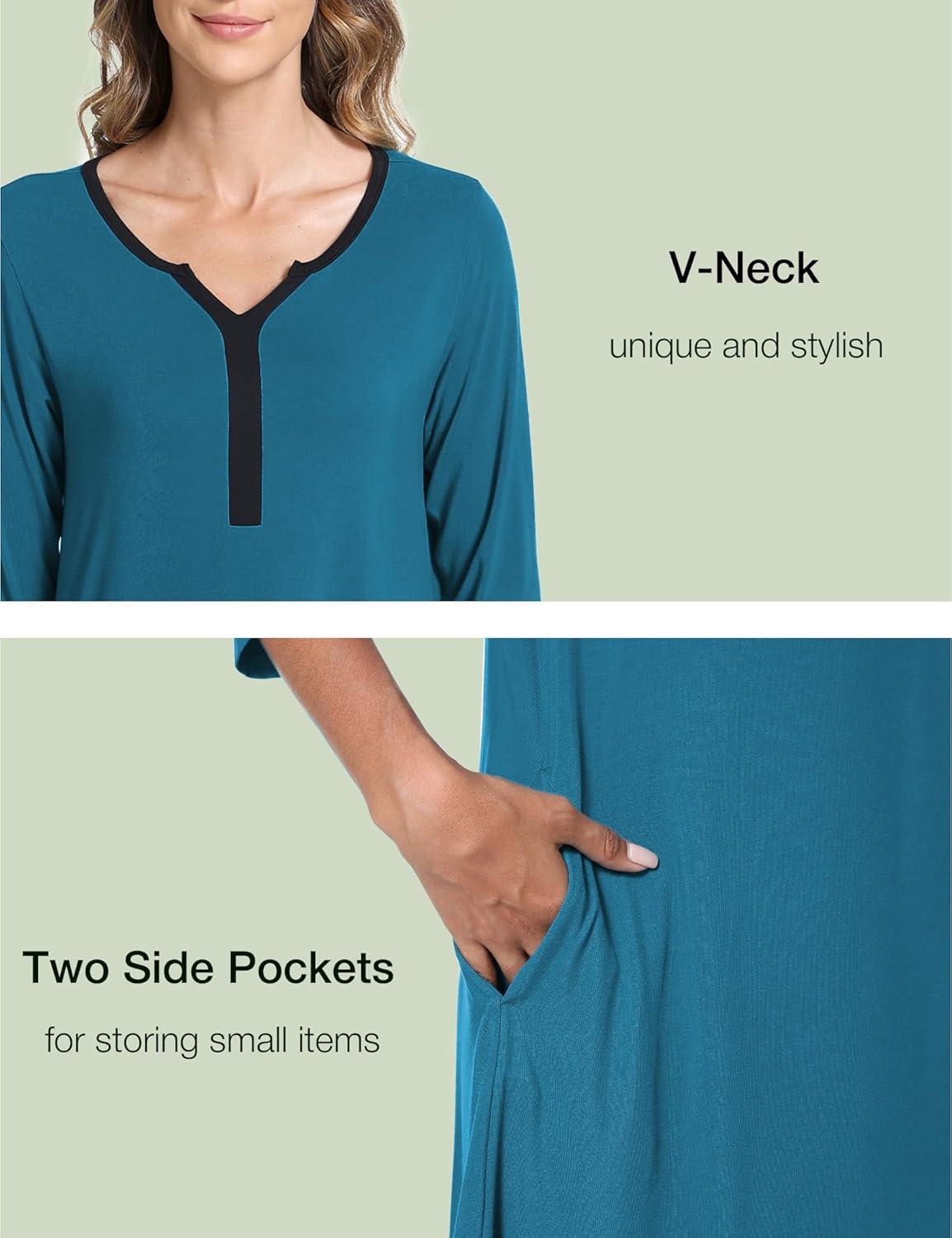 imageGYS Bamboo Viscose Womens Nightgowns 34 Sleeve V Neck Comfy Kneelength SleepwearTeal Blue
