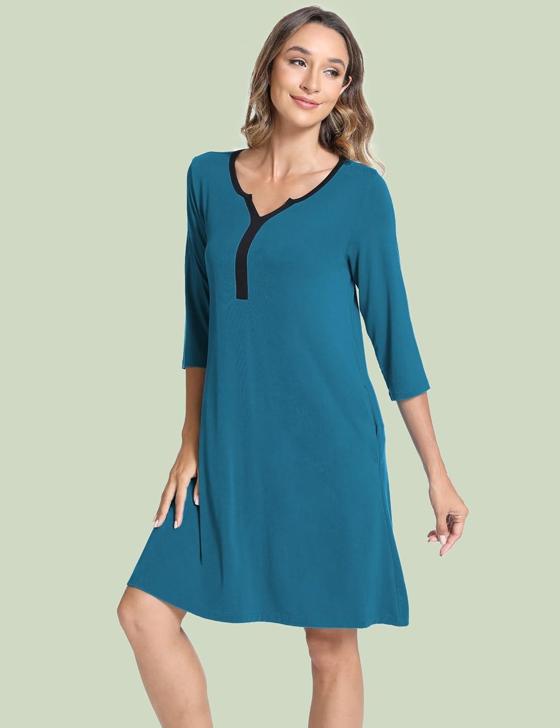 imageGYS Bamboo Viscose Womens Nightgowns 34 Sleeve V Neck Comfy Kneelength SleepwearTeal Blue