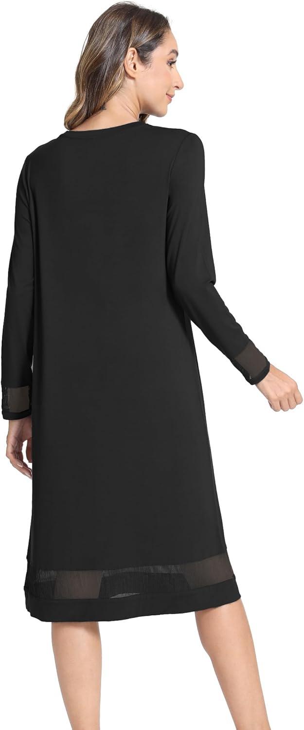 imageGYS Bamboo Viscose Womens Nightgowns Long Sleeve Spliced Lace Sleep ShirtsBlack