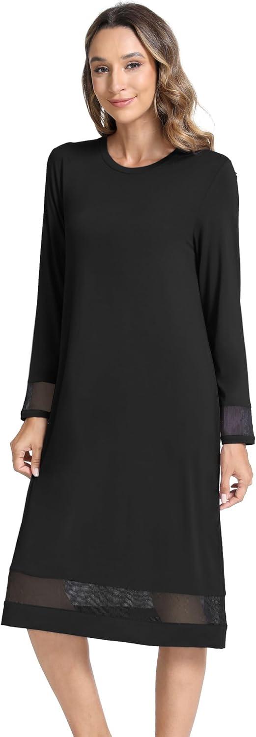 imageGYS Bamboo Viscose Womens Nightgowns Long Sleeve Spliced Lace Sleep ShirtsBlack