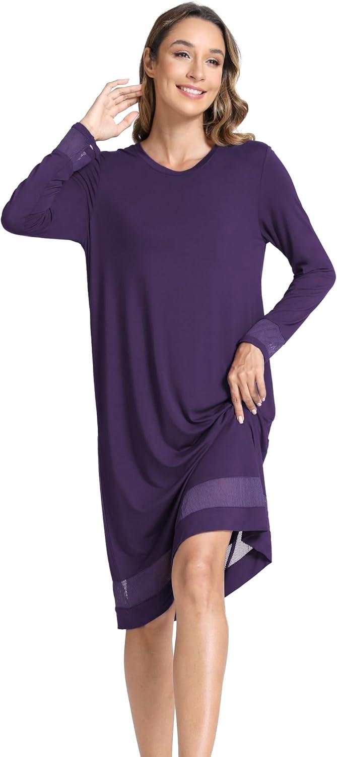 imageGYS Bamboo Viscose Womens Nightgowns Long Sleeve Spliced Lace Sleep ShirtsDeep Purple