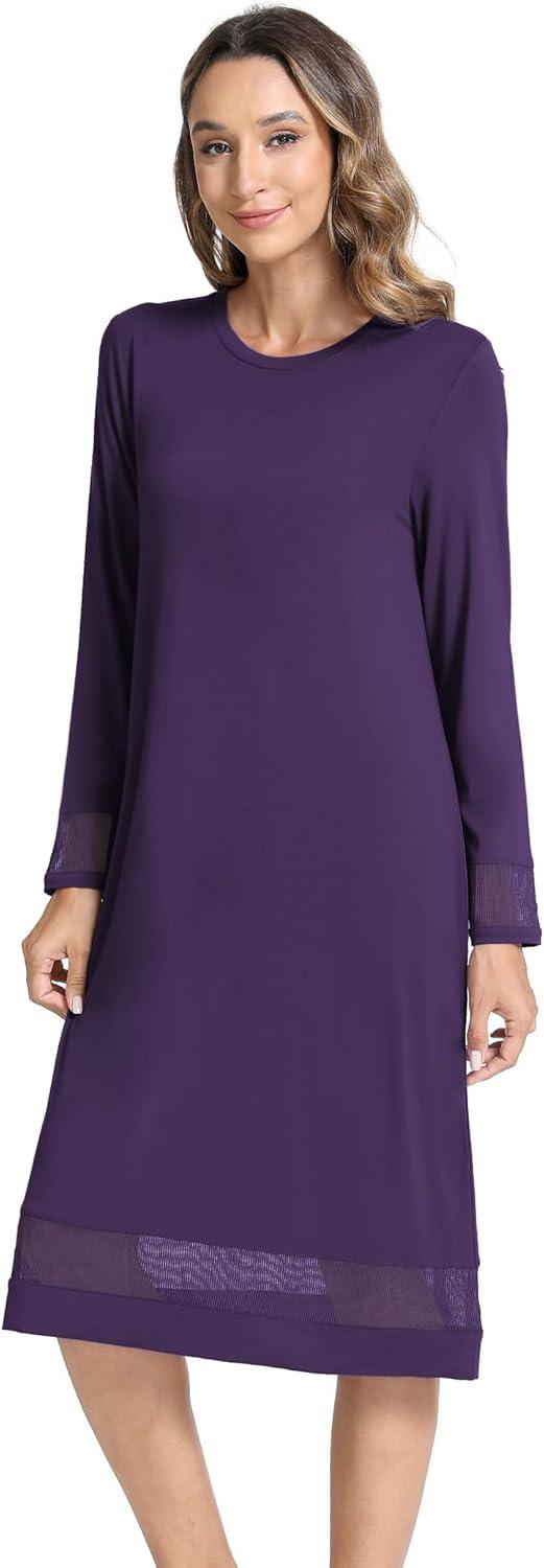 imageGYS Bamboo Viscose Womens Nightgowns Long Sleeve Spliced Lace Sleep ShirtsDeep Purple