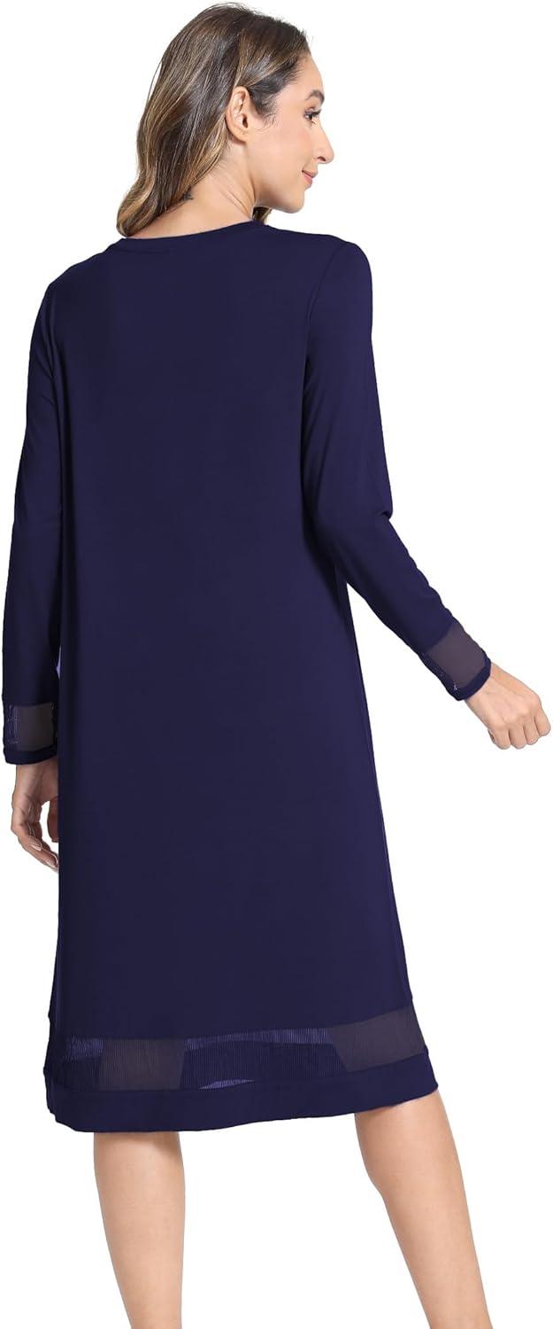 imageGYS Bamboo Viscose Womens Nightgowns Long Sleeve Spliced Lace Sleep ShirtsNavy