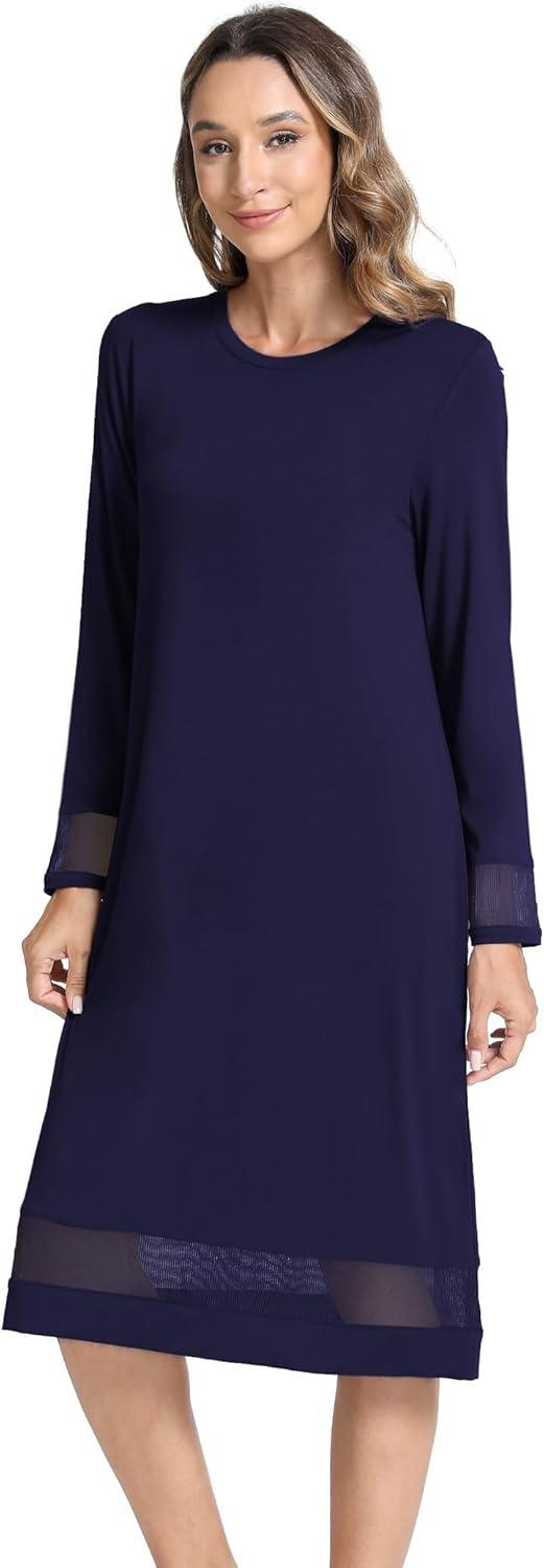 imageGYS Bamboo Viscose Womens Nightgowns Long Sleeve Spliced Lace Sleep ShirtsNavy