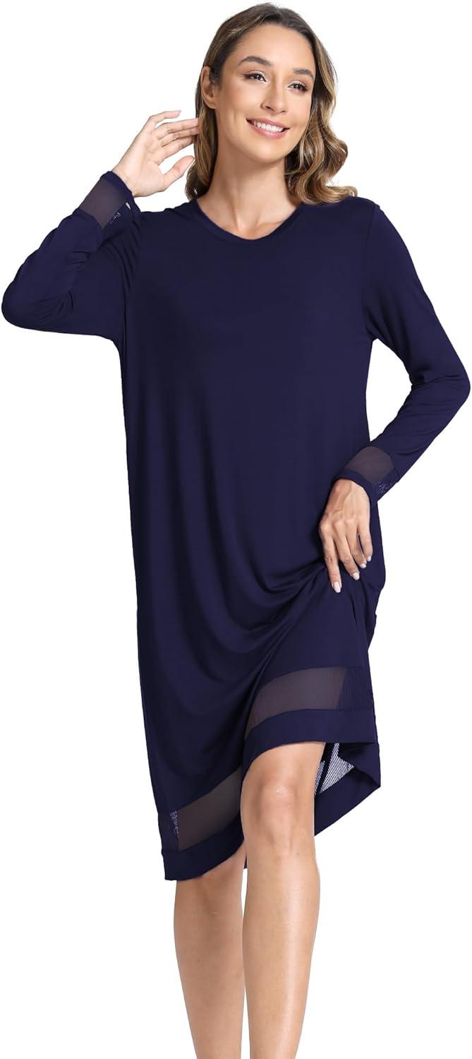 imageGYS Bamboo Viscose Womens Nightgowns Long Sleeve Spliced Lace Sleep ShirtsNavy