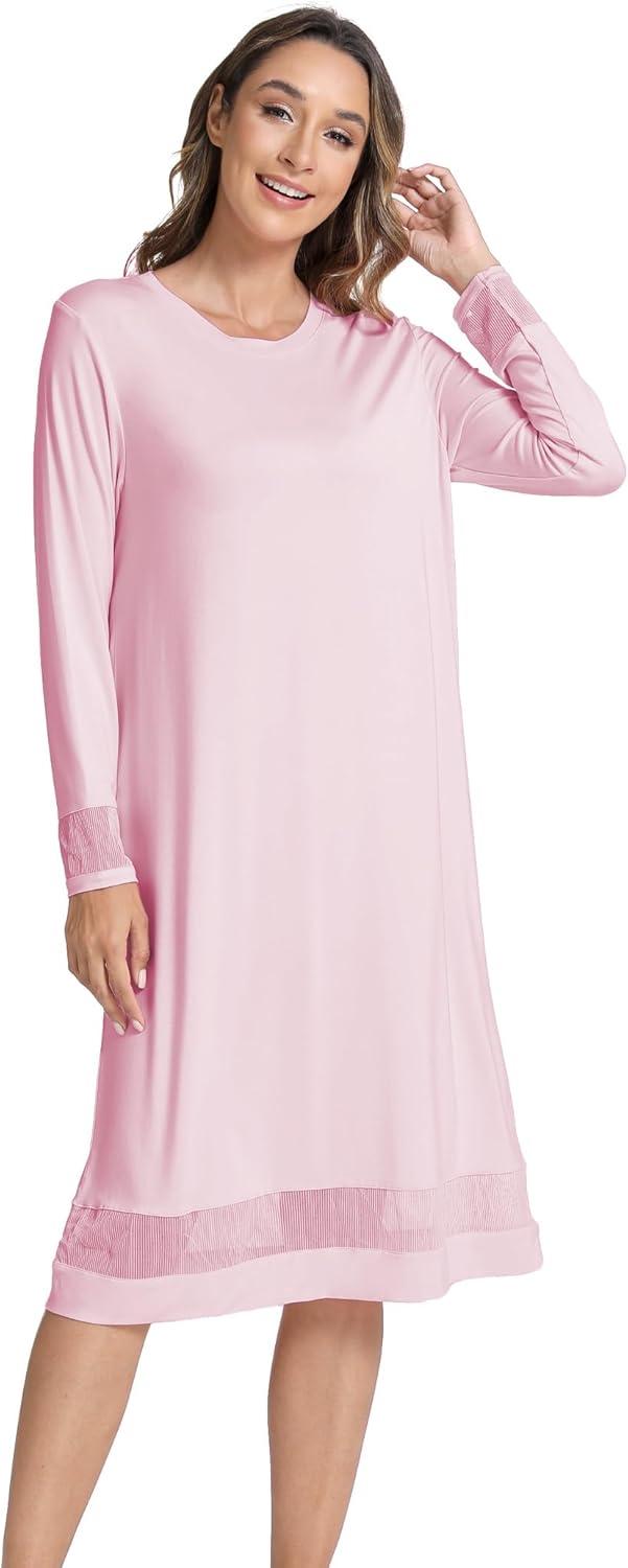imageGYS Bamboo Viscose Womens Nightgowns Long Sleeve Spliced Lace Sleep ShirtsPink