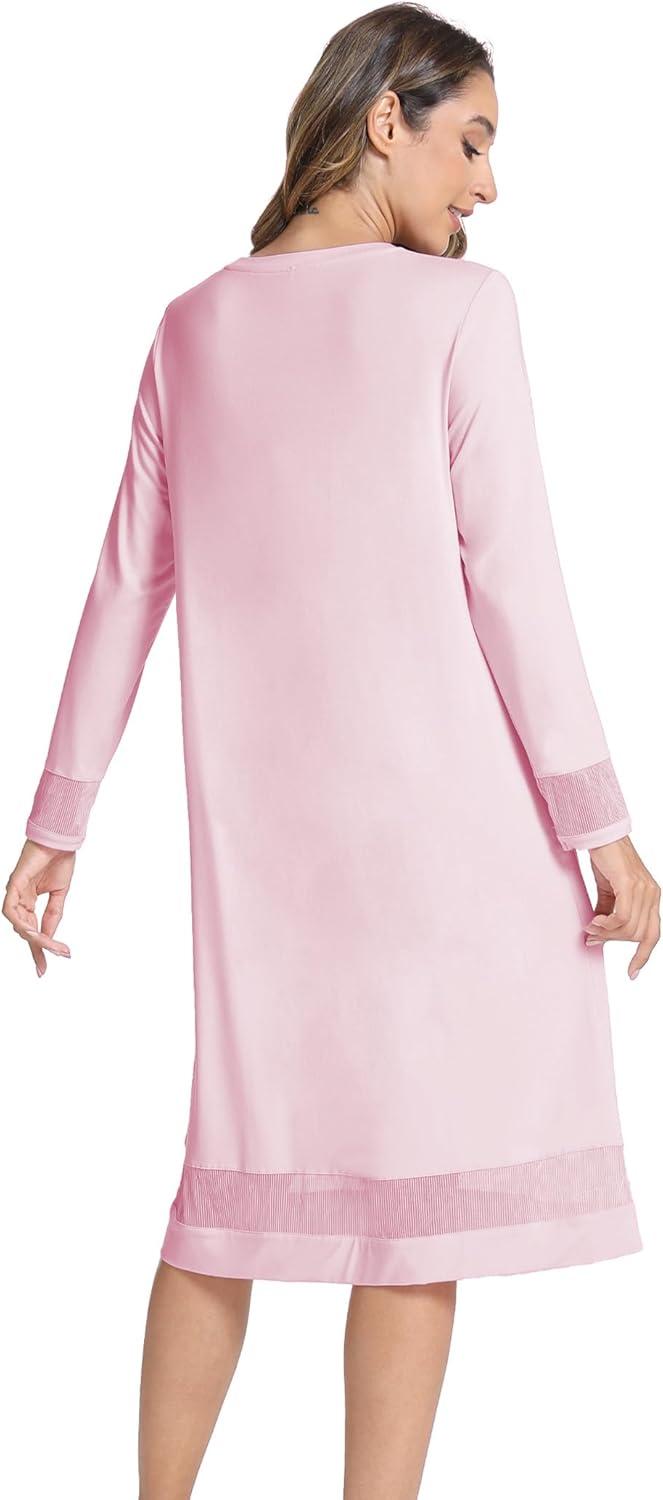 imageGYS Bamboo Viscose Womens Nightgowns Long Sleeve Spliced Lace Sleep ShirtsPink