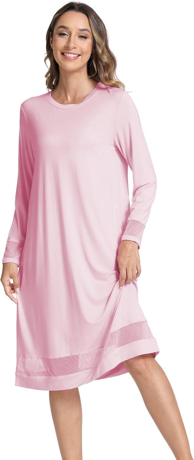 imageGYS Bamboo Viscose Womens Nightgowns Long Sleeve Spliced Lace Sleep ShirtsPink