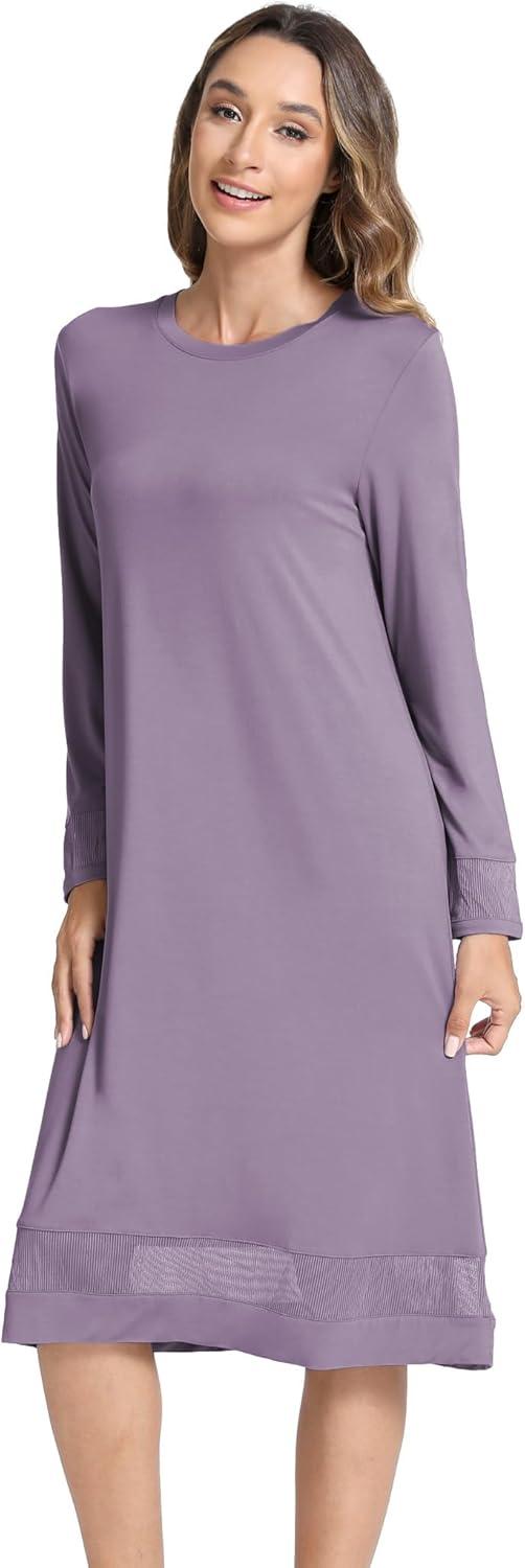 imageGYS Bamboo Viscose Womens Nightgowns Long Sleeve Spliced Lace Sleep ShirtsViolet