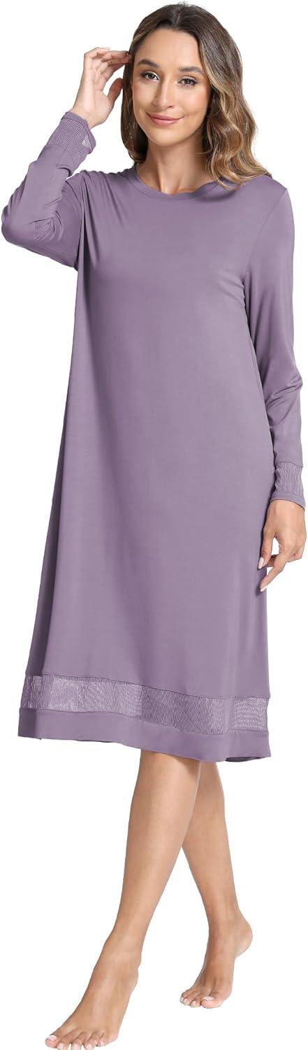imageGYS Bamboo Viscose Womens Nightgowns Long Sleeve Spliced Lace Sleep ShirtsViolet