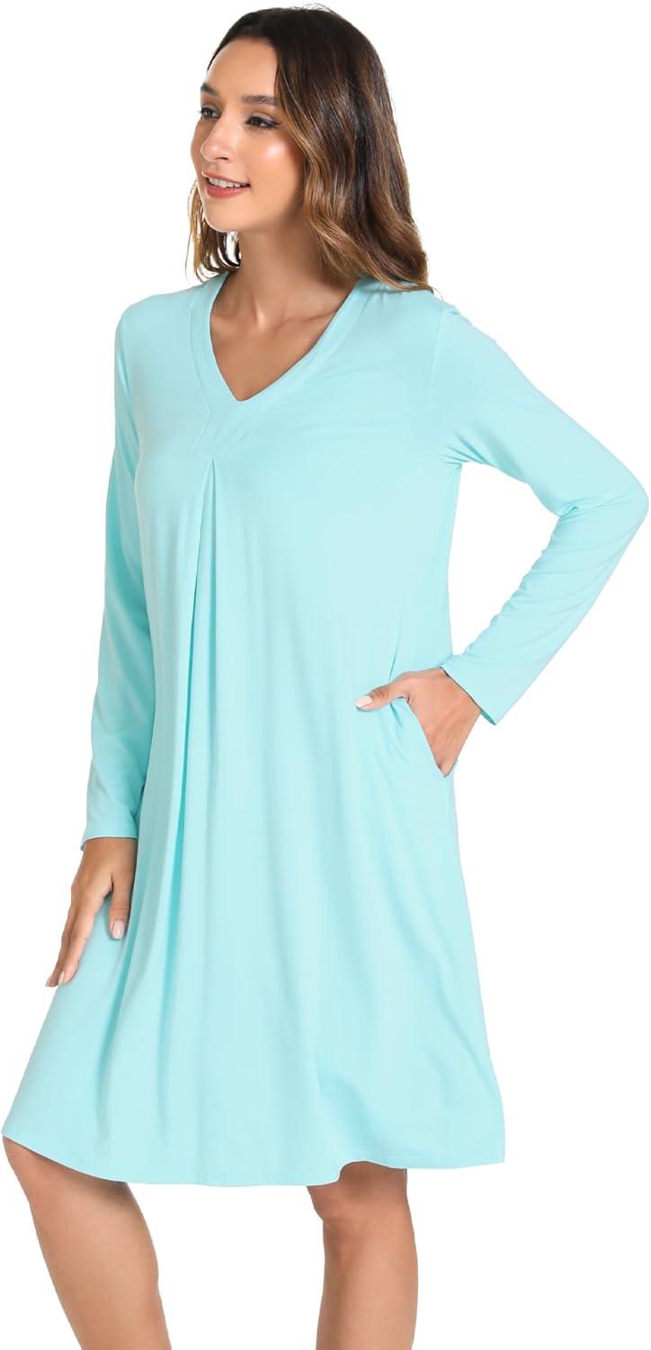 imageGYS Bamboo Viscose Womens Nightgowns Long Sleeve Vneck Sleepwear with PocketsAqua