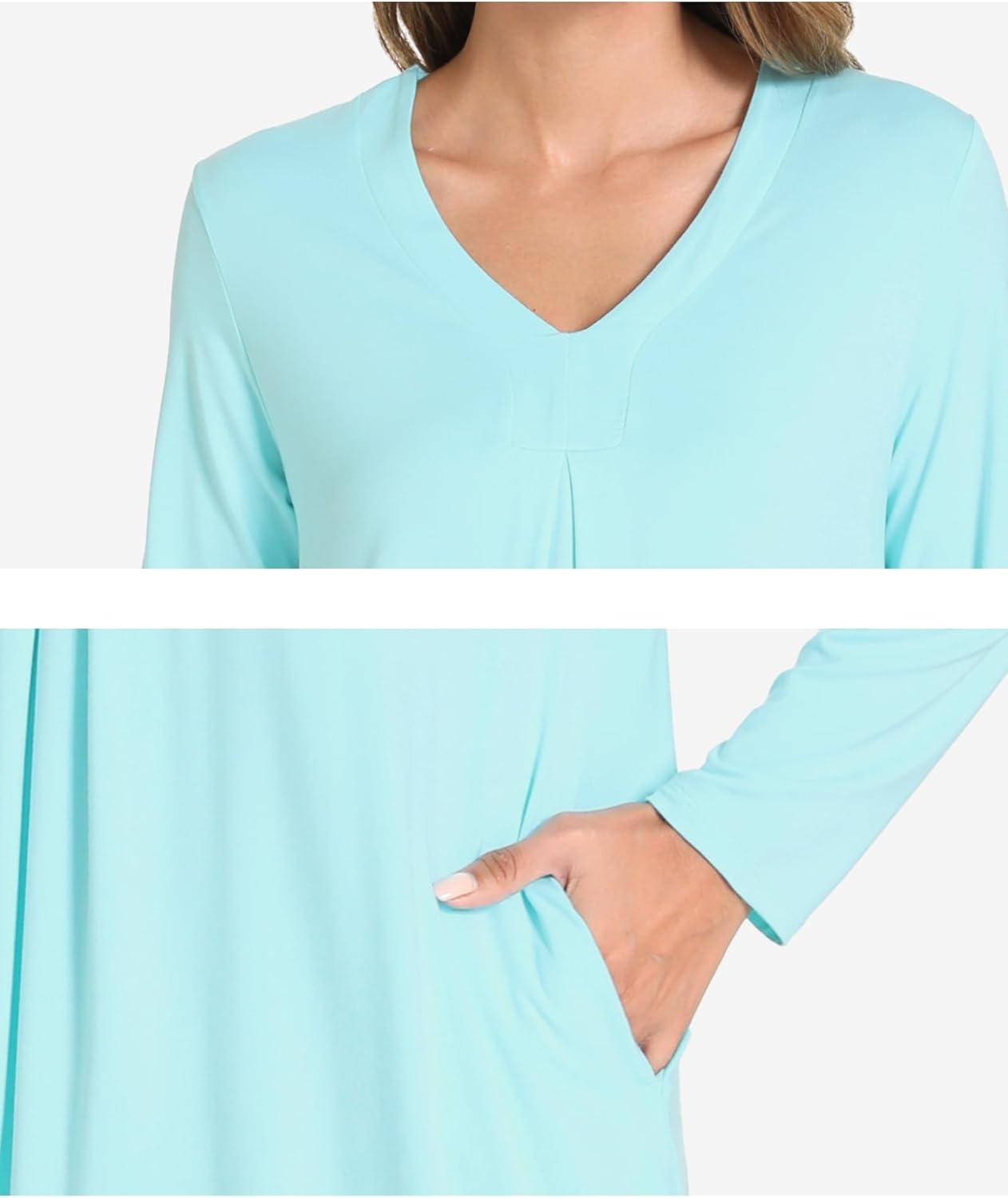 imageGYS Bamboo Viscose Womens Nightgowns Long Sleeve Vneck Sleepwear with PocketsAqua