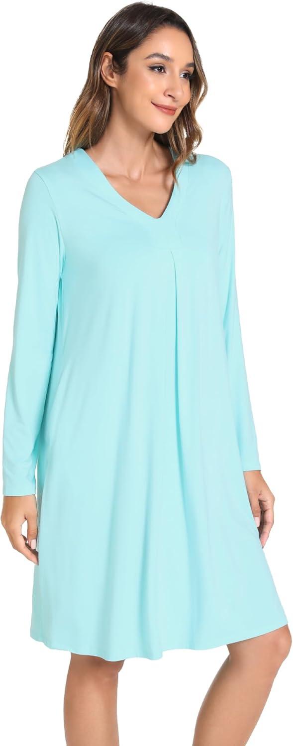 imageGYS Bamboo Viscose Womens Nightgowns Long Sleeve Vneck Sleepwear with PocketsAqua
