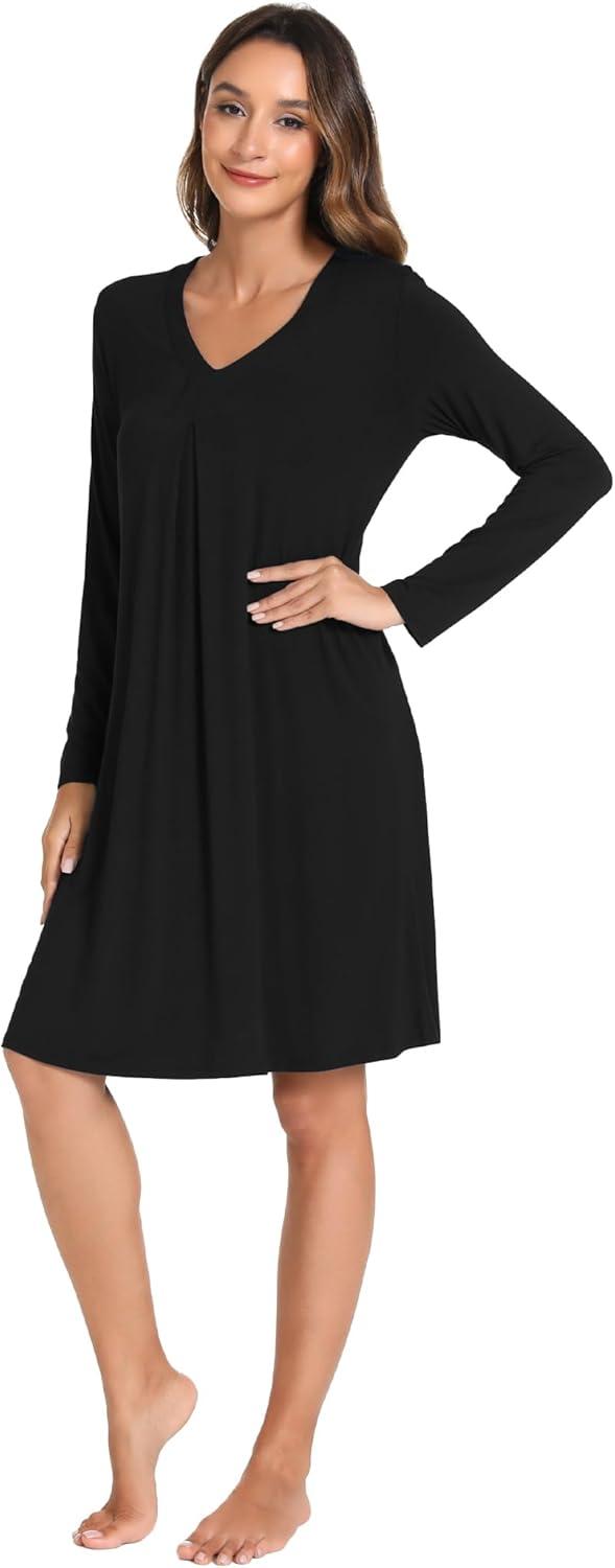imageGYS Bamboo Viscose Womens Nightgowns Long Sleeve Vneck Sleepwear with PocketsBlack