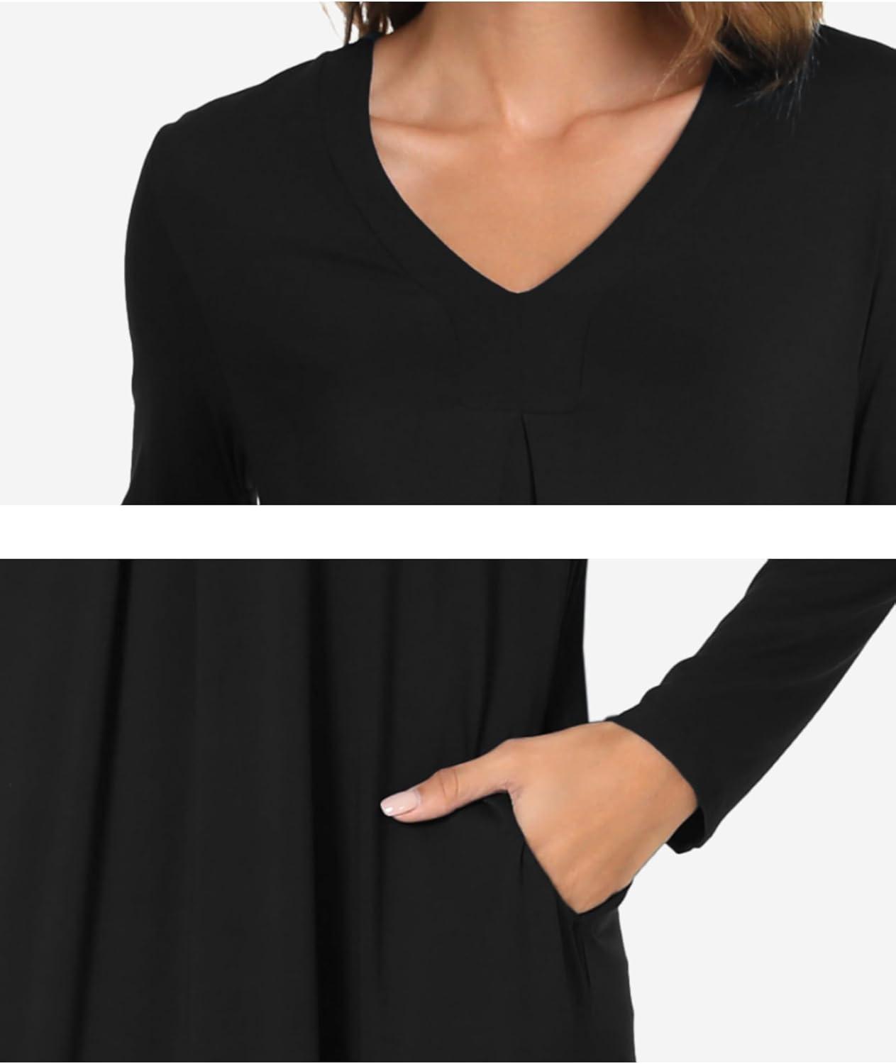 imageGYS Bamboo Viscose Womens Nightgowns Long Sleeve Vneck Sleepwear with PocketsBlack