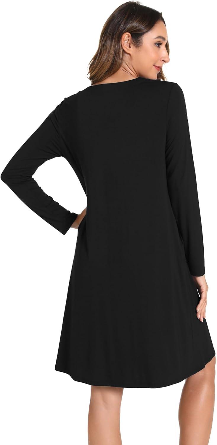 imageGYS Bamboo Viscose Womens Nightgowns Long Sleeve Vneck Sleepwear with PocketsBlack