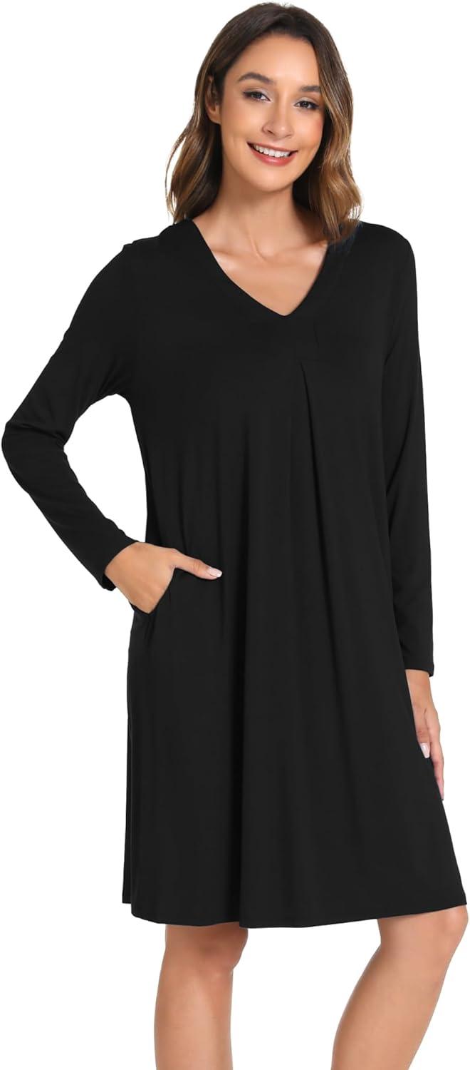 imageGYS Bamboo Viscose Womens Nightgowns Long Sleeve Vneck Sleepwear with PocketsBlack