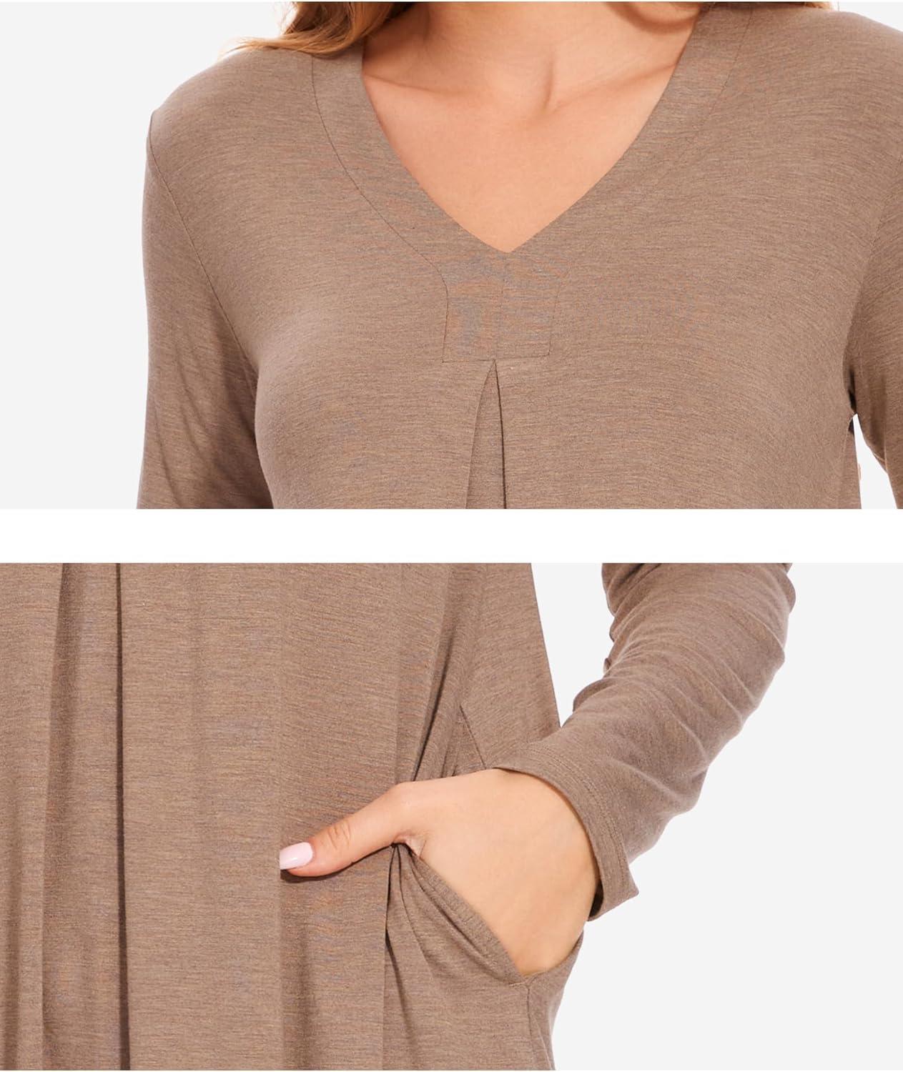 imageGYS Bamboo Viscose Womens Nightgowns Long Sleeve Vneck Sleepwear with PocketsCamel