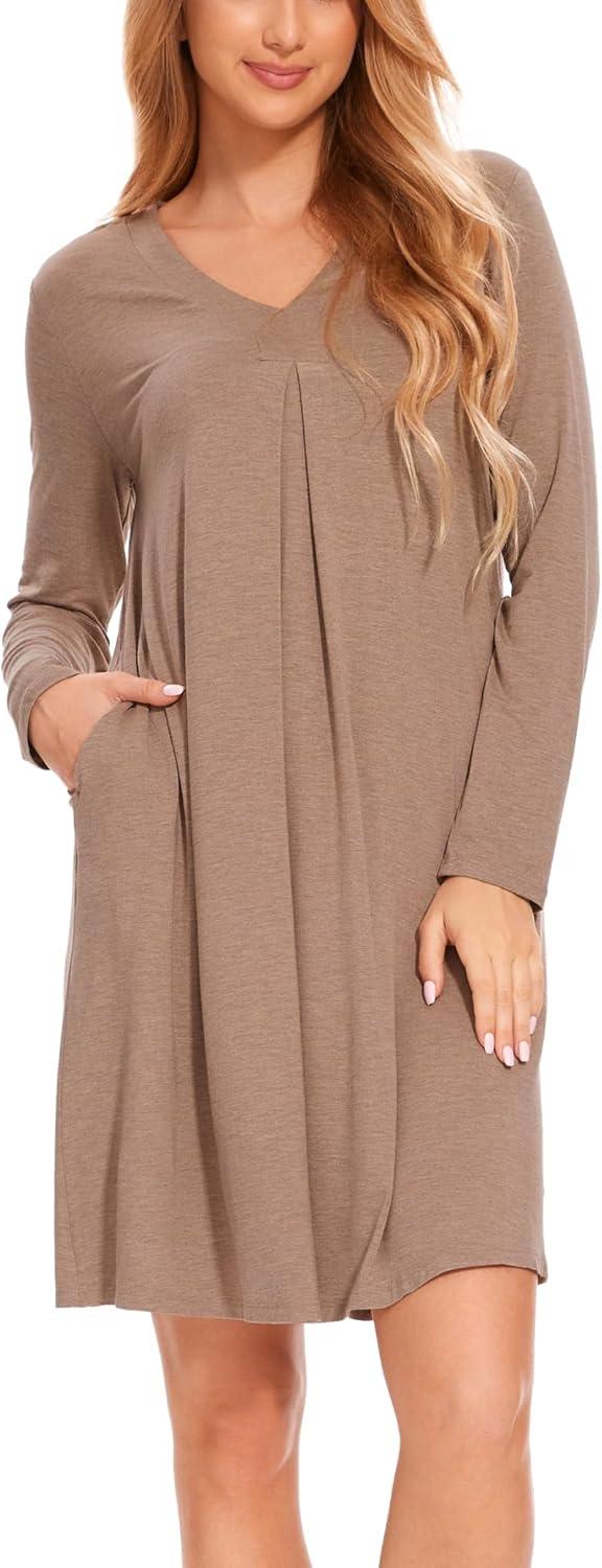 imageGYS Bamboo Viscose Womens Nightgowns Long Sleeve Vneck Sleepwear with PocketsCamel