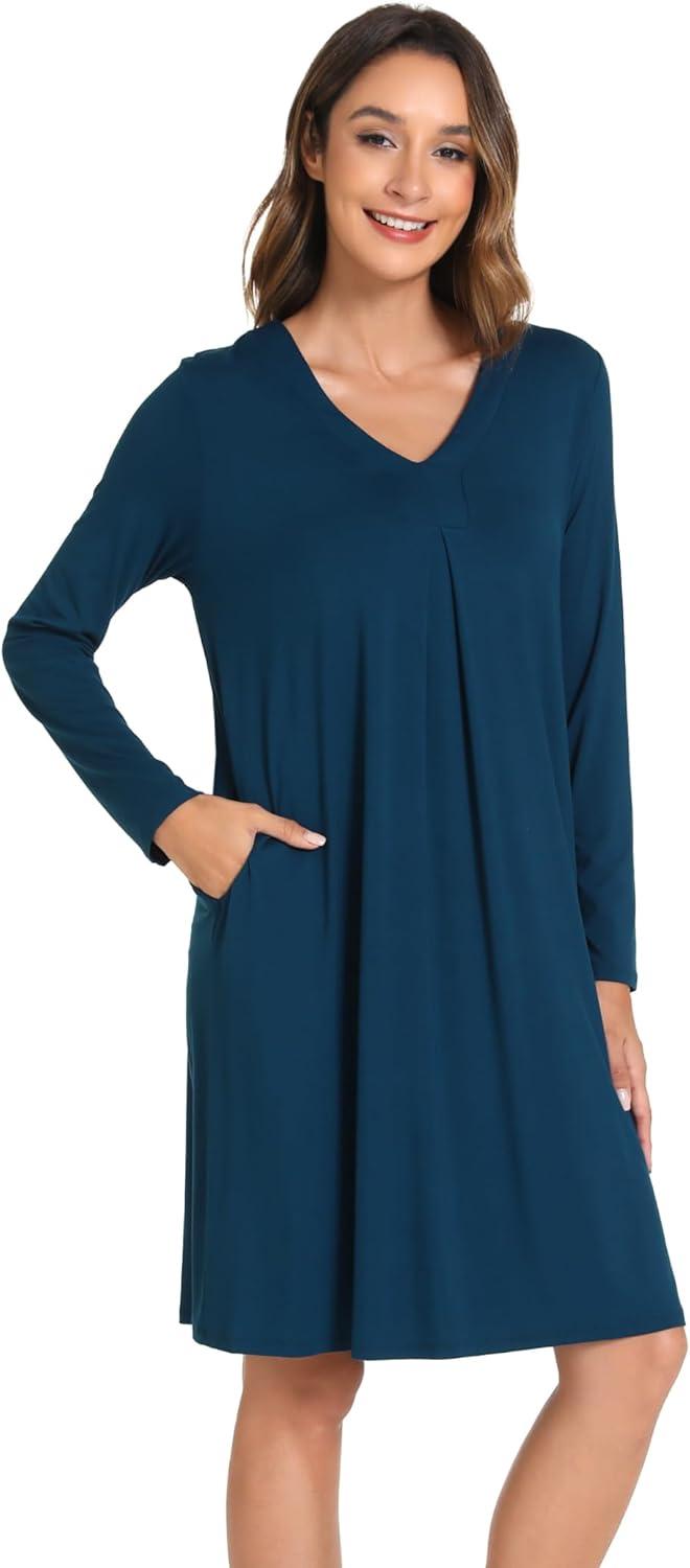 imageGYS Bamboo Viscose Womens Nightgowns Long Sleeve Vneck Sleepwear with PocketsInk Blue