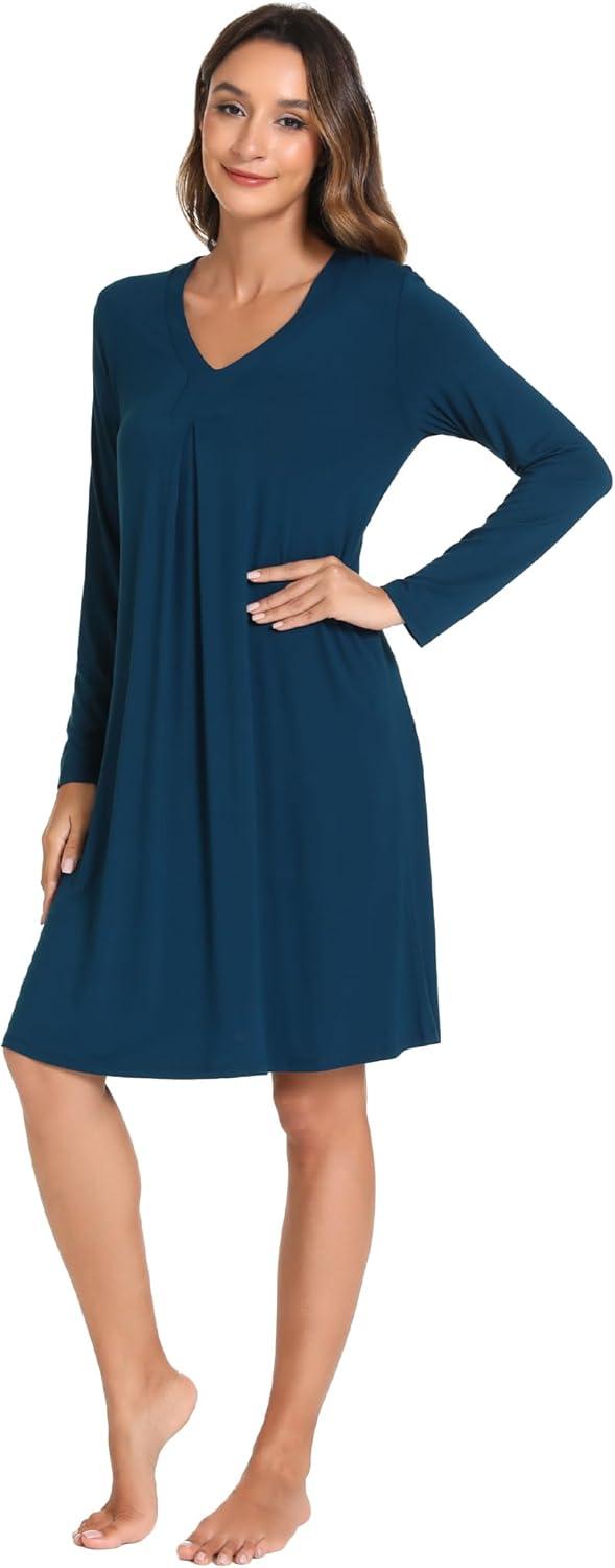 imageGYS Bamboo Viscose Womens Nightgowns Long Sleeve Vneck Sleepwear with PocketsInk Blue