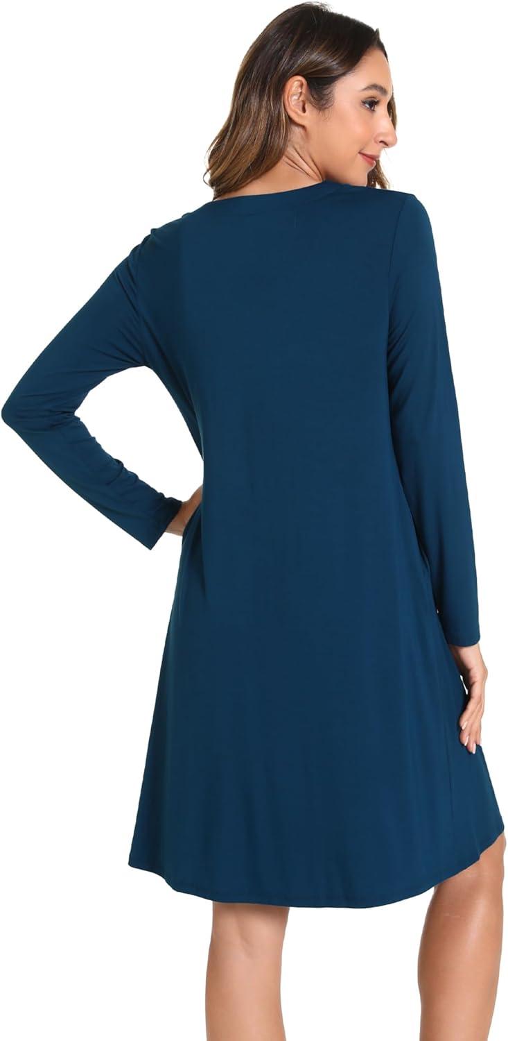 imageGYS Bamboo Viscose Womens Nightgowns Long Sleeve Vneck Sleepwear with PocketsInk Blue