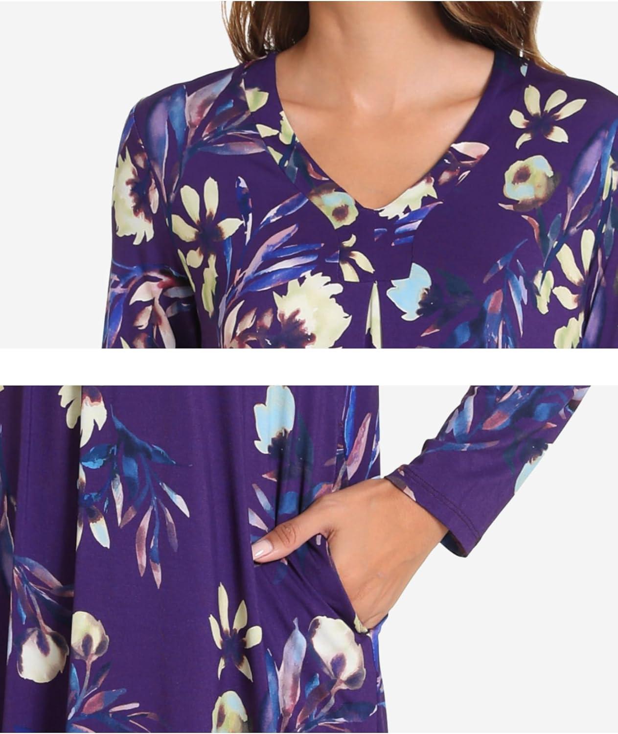 imageGYS Bamboo Viscose Womens Nightgowns Long Sleeve Vneck Sleepwear with PocketsPurple Floral