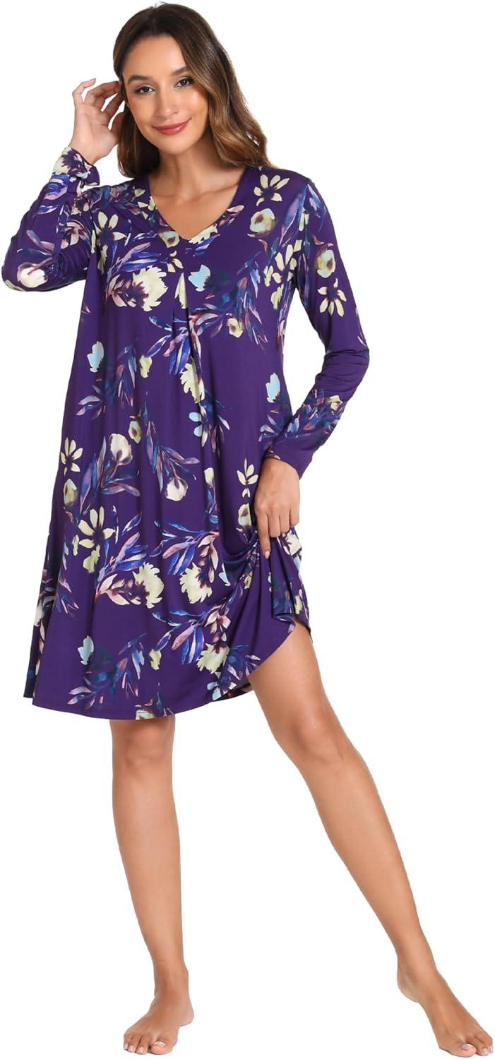 imageGYS Bamboo Viscose Womens Nightgowns Long Sleeve Vneck Sleepwear with PocketsPurple Floral