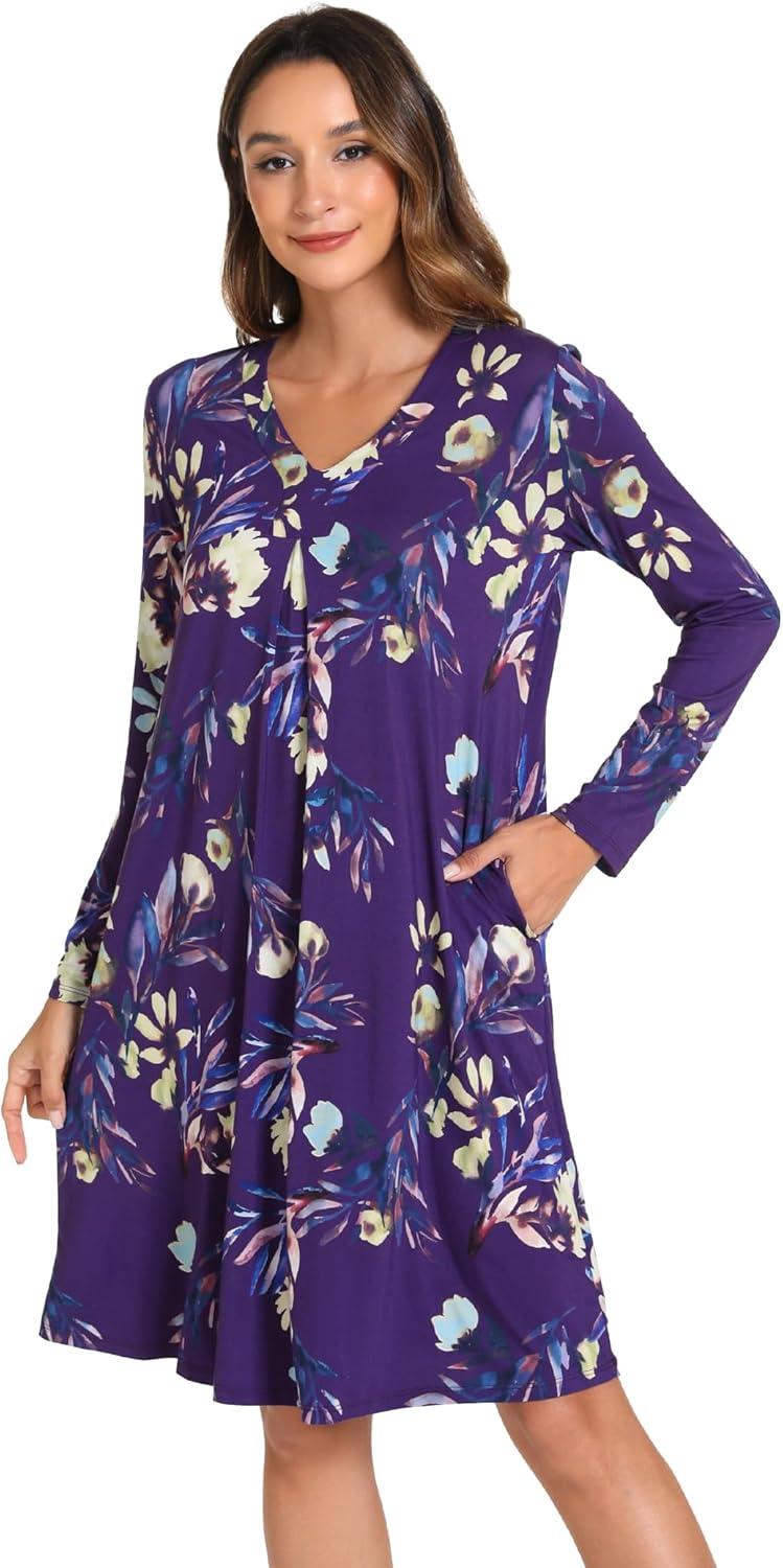 imageGYS Bamboo Viscose Womens Nightgowns Long Sleeve Vneck Sleepwear with PocketsPurple Floral