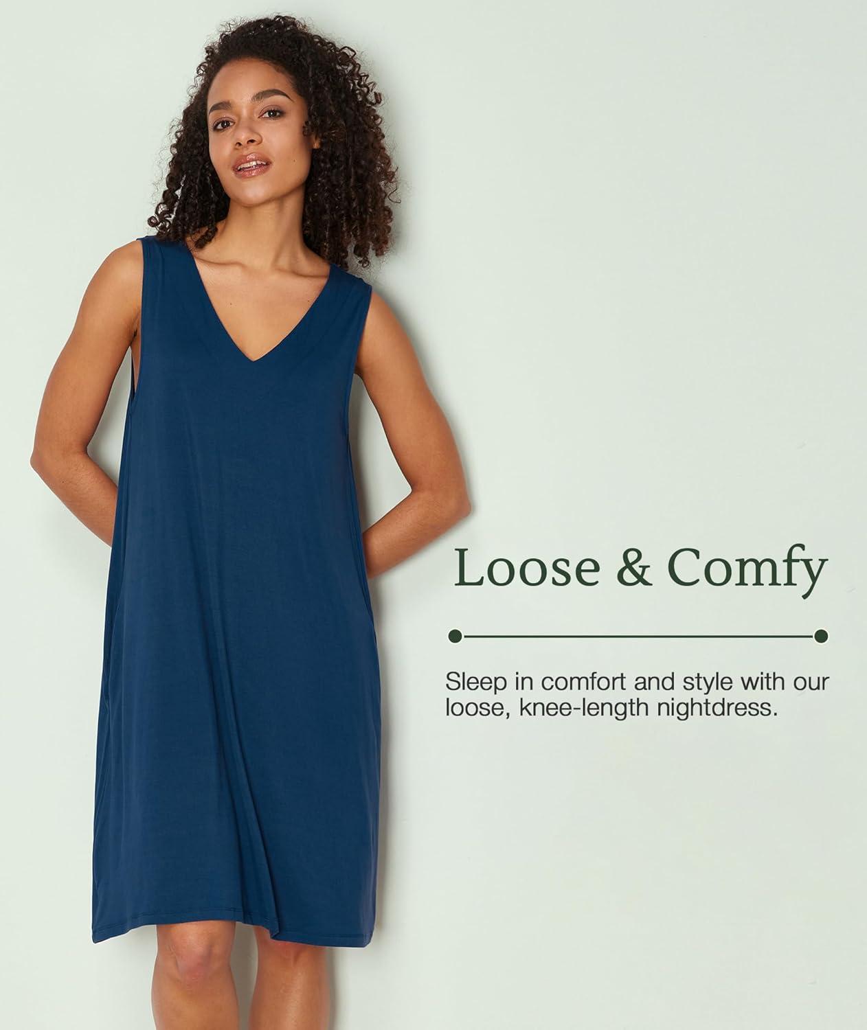 imageGYS Bamboo Viscose Womens Nightgowns V Neck Sleeveless Tank Pajama Dress for WomenInk Blue