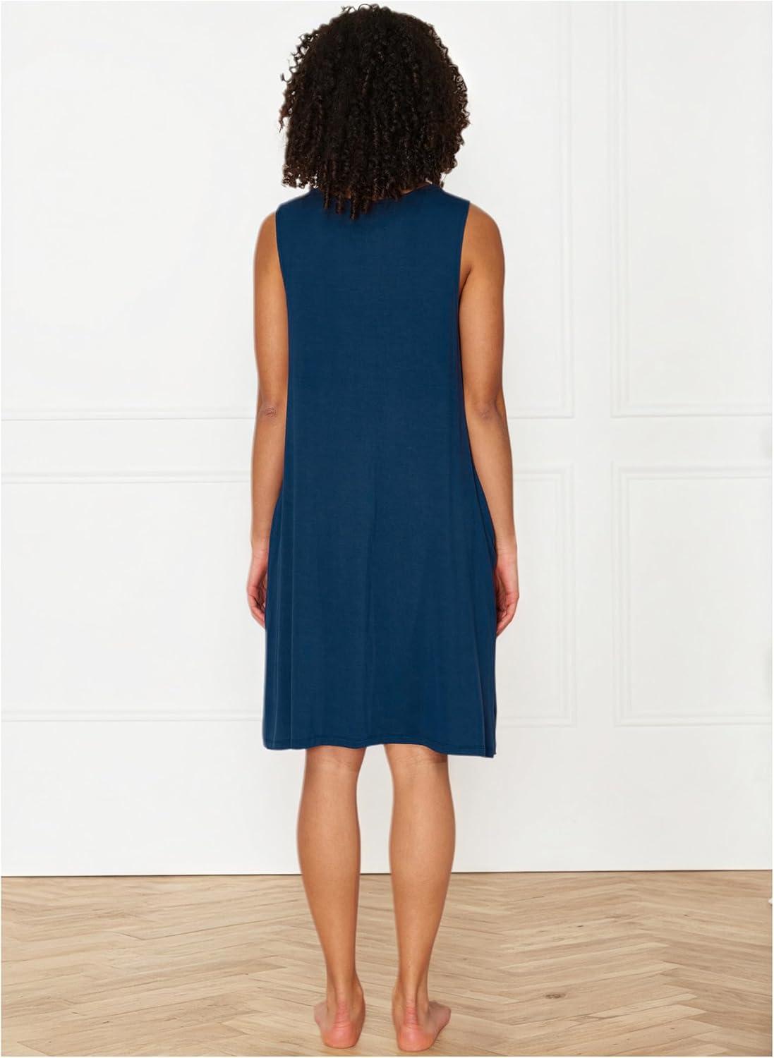 imageGYS Bamboo Viscose Womens Nightgowns V Neck Sleeveless Tank Pajama Dress for WomenInk Blue