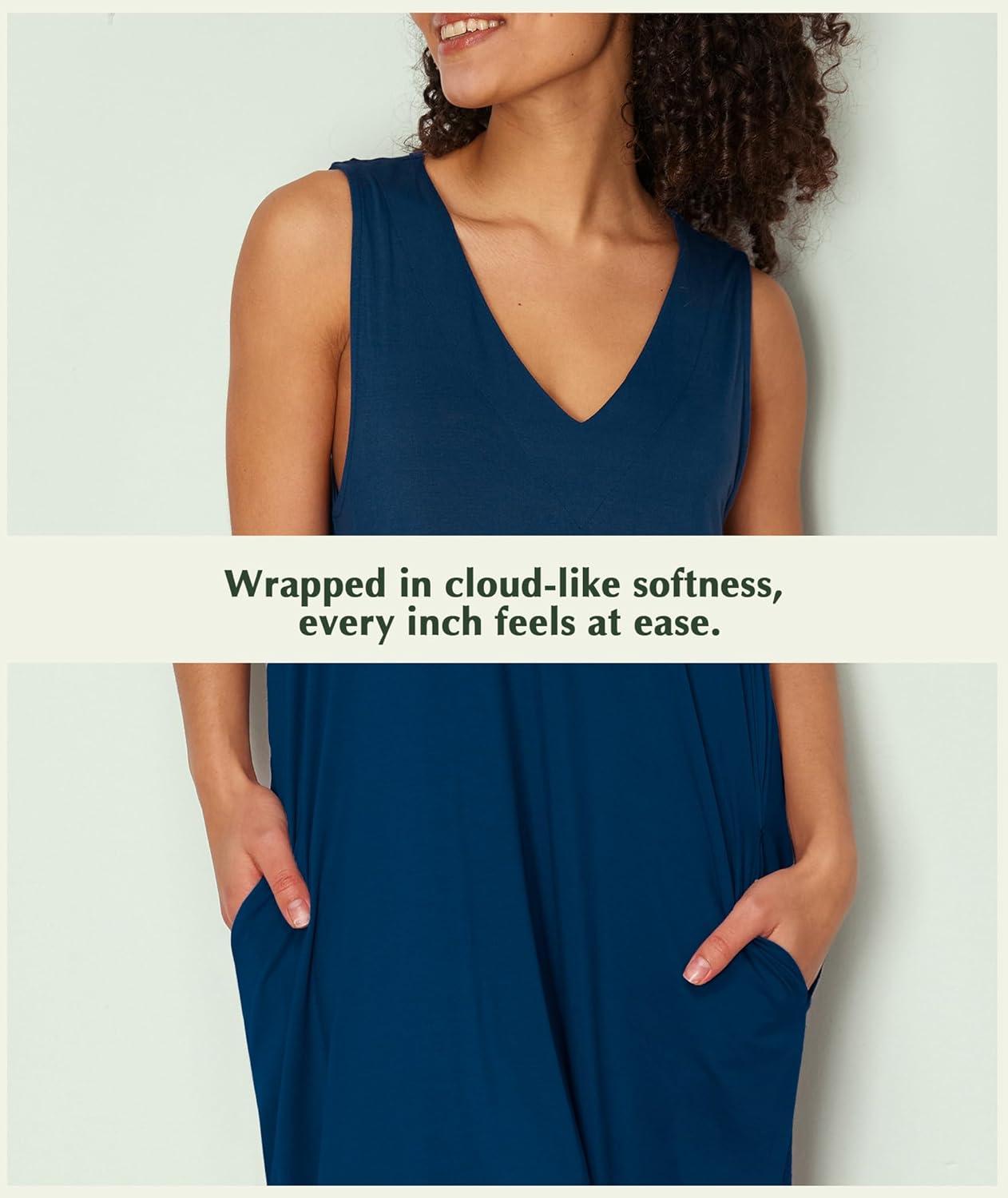imageGYS Bamboo Viscose Womens Nightgowns V Neck Sleeveless Tank Pajama Dress for WomenInk Blue