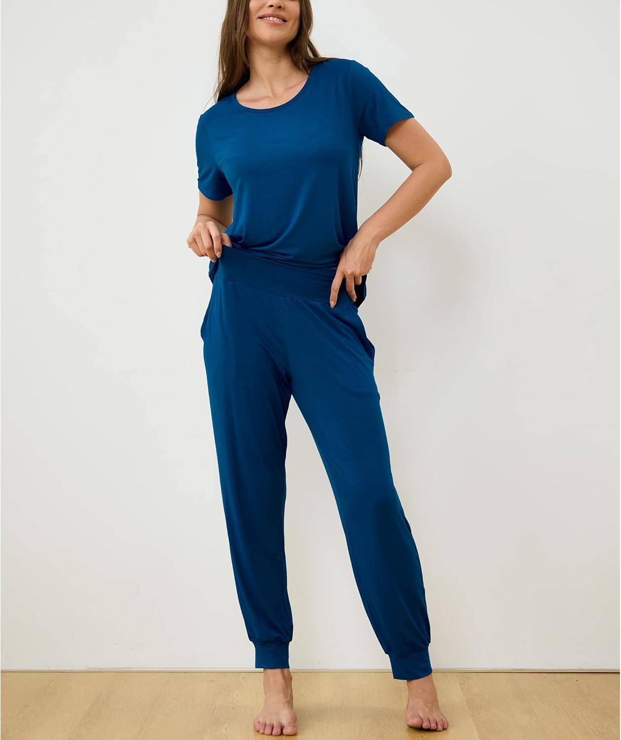 imageGYS Bamboo Viscose Womens Pajama Set Short Sleeve 2 Piece Soft Sleep Sets for WomenInk Blue