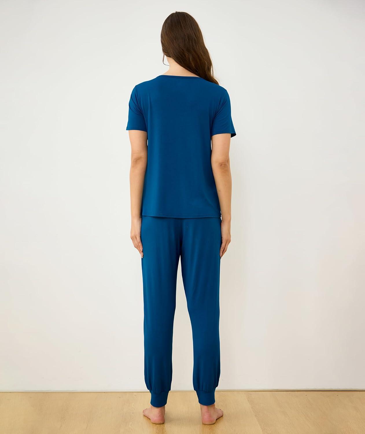 imageGYS Bamboo Viscose Womens Pajama Set Short Sleeve 2 Piece Soft Sleep Sets for WomenInk Blue
