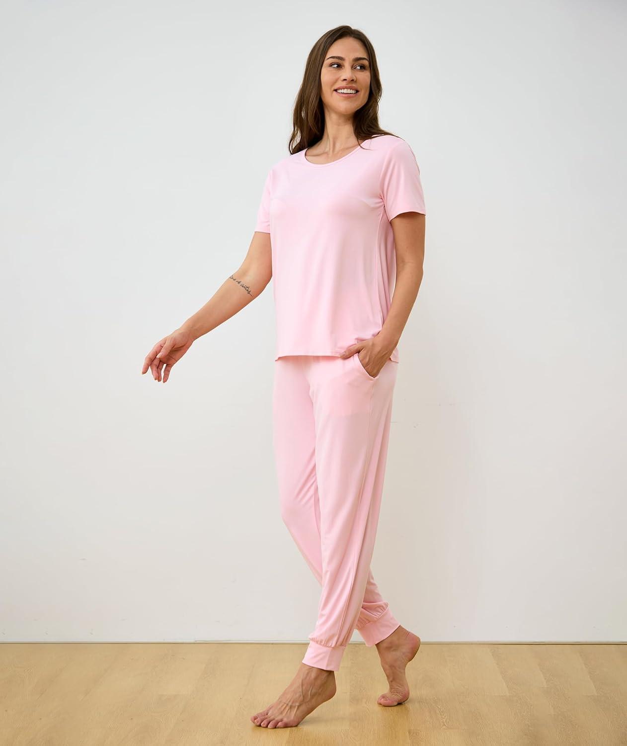 imageGYS Bamboo Viscose Womens Pajama Set Short Sleeve 2 Piece Soft Sleep Sets for WomenPink