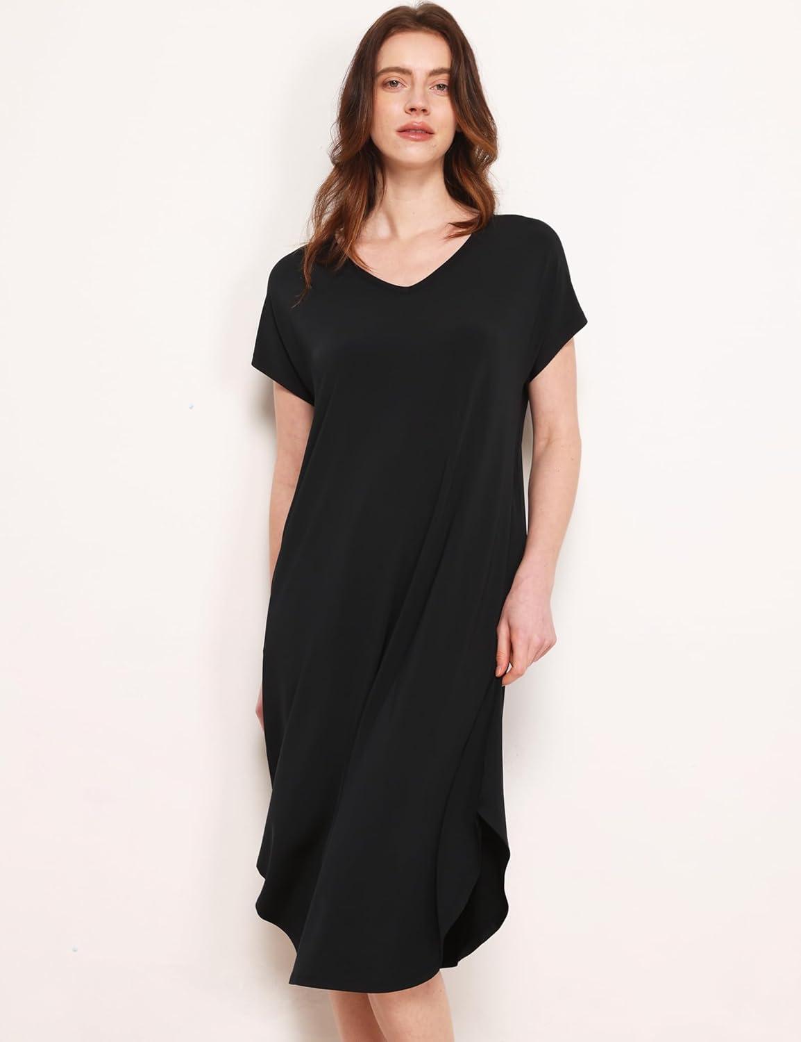 imageGYS Premium Bamboo Viscose Womens Nightgowns Short Sleeve V Neck Summer Pajama DressBlack